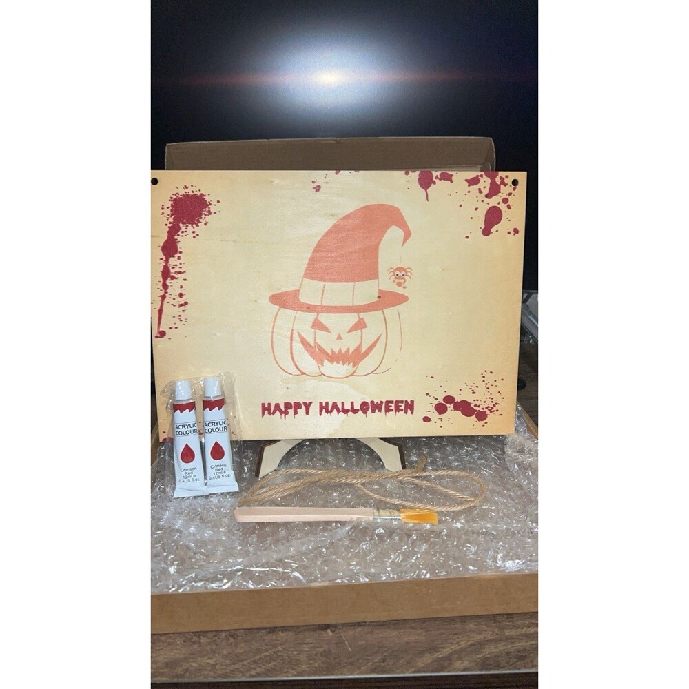 Wood Freestanding Happy Halloween Sign Jack-O'-Lantern Witch Hat Beige/Red